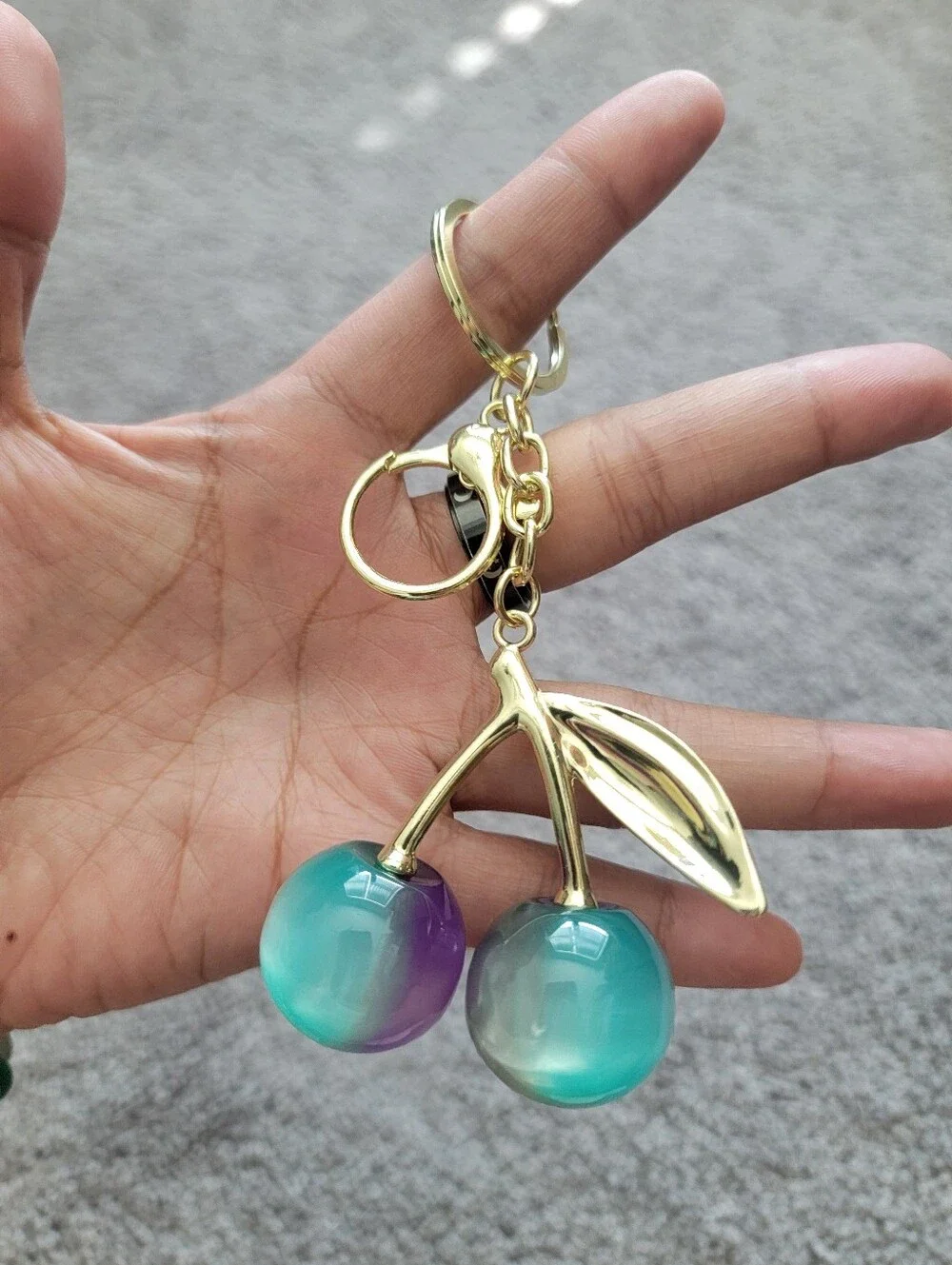 Gold-Tone Cherry Keychain with Purple Orb Charms